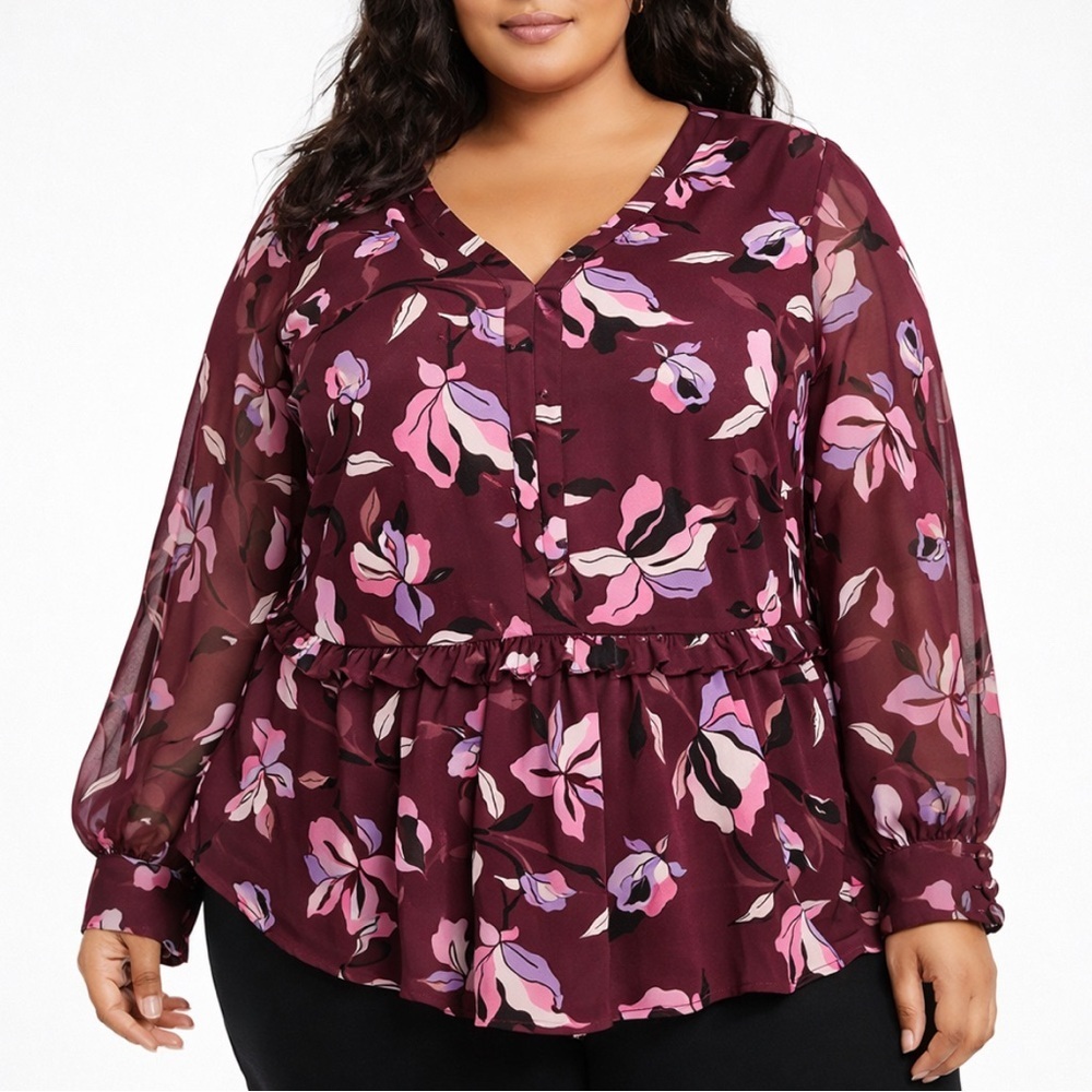 Lane Bryant Burgundy Floral Peplum Blouse 22 Long Sheer Sleeve V-Neck NWOT